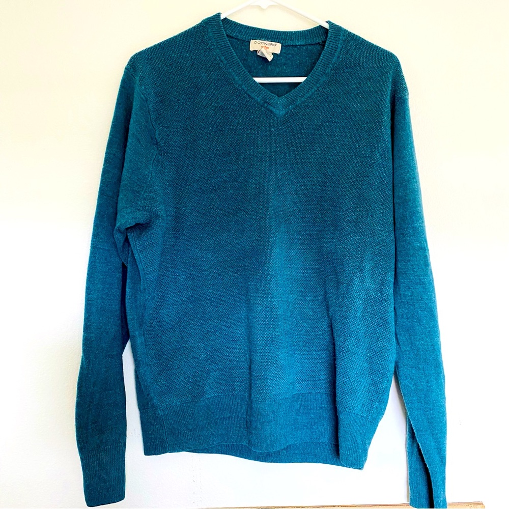 Dockers Vneck Long Sleeve Classic Winter Fall Pullover Sweater Top Teal Blue Men